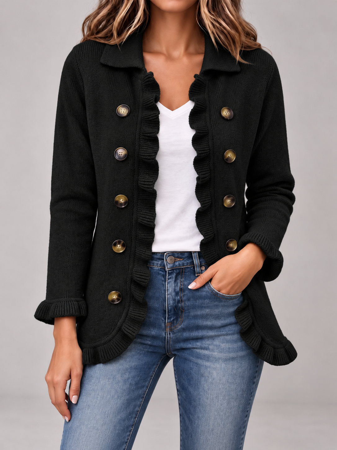 Women's Ruffle Trim Cardigan | Double Breasted Collared Knit