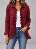 Women's Ruffle Trim Cardigan | Double Breasted Collared Knit