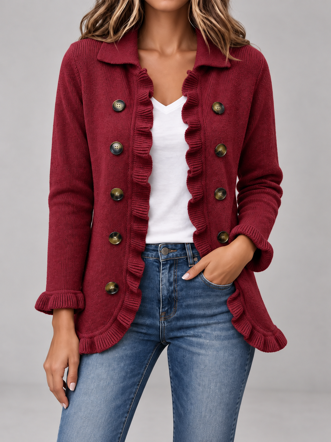 Women's Ruffle Trim Cardigan | Double Breasted Collared Knit