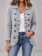 Women's Ruffle Trim Cardigan | Double Breasted Collared Knit