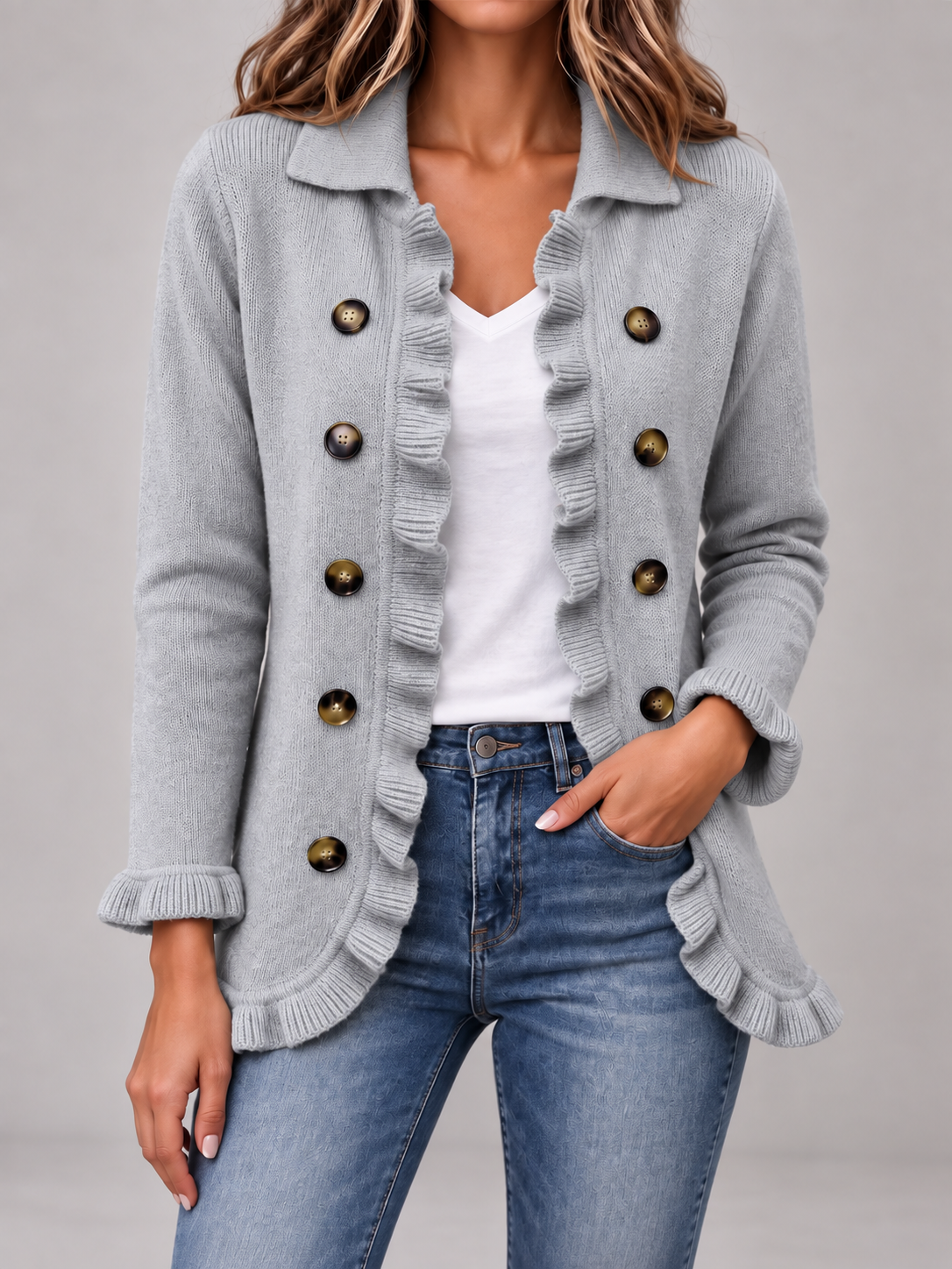 Women's Ruffle Trim Cardigan | Double Breasted Collared Knit