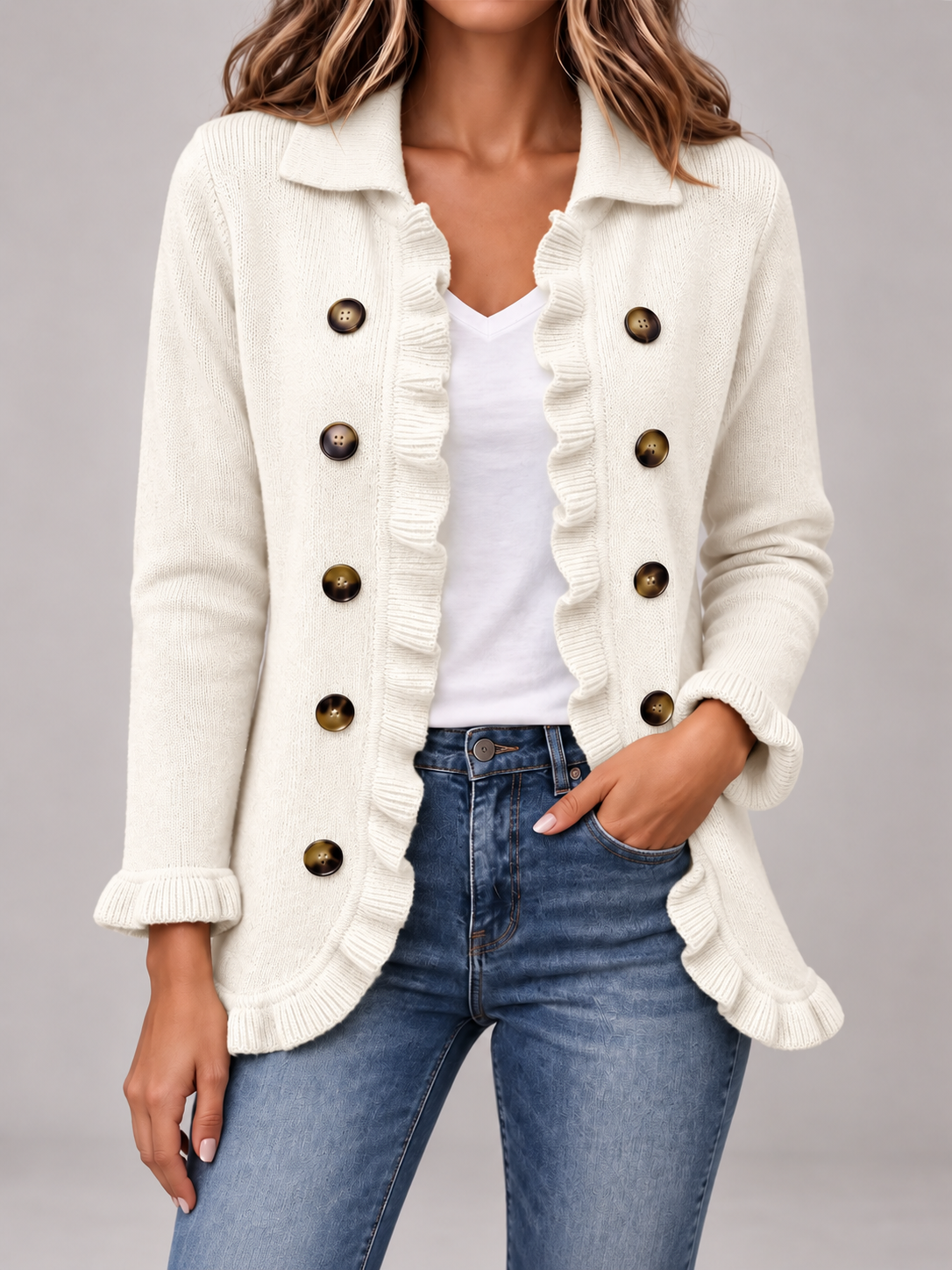 Women's Ruffle Trim Cardigan | Double Breasted Collared Knit