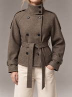 Women's Short Wool Coat | Double Breasted Belted Funnel Neck