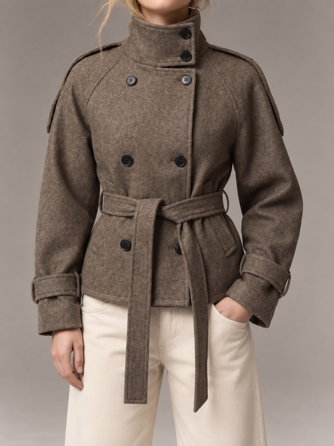 Women's Short Wool Coat | Double Breasted Belted Funnel Neck
