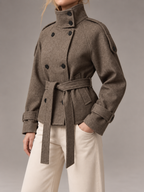 Women's Short Wool Coat | Double Breasted Belted Funnel Neck