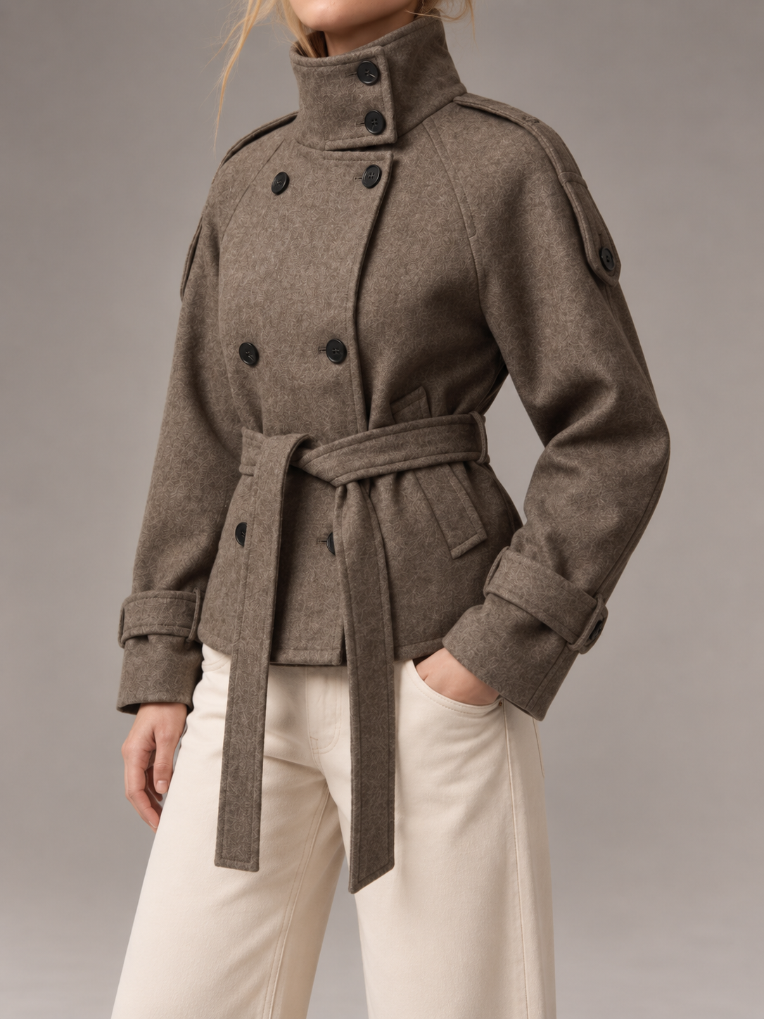 Women's Short Wool Coat | Double Breasted Belted Funnel Neck