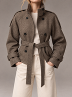 Women's Short Wool Coat | Double Breasted Belted Funnel Neck