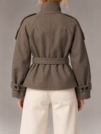 Women's Short Wool Coat | Double Breasted Belted Funnel Neck