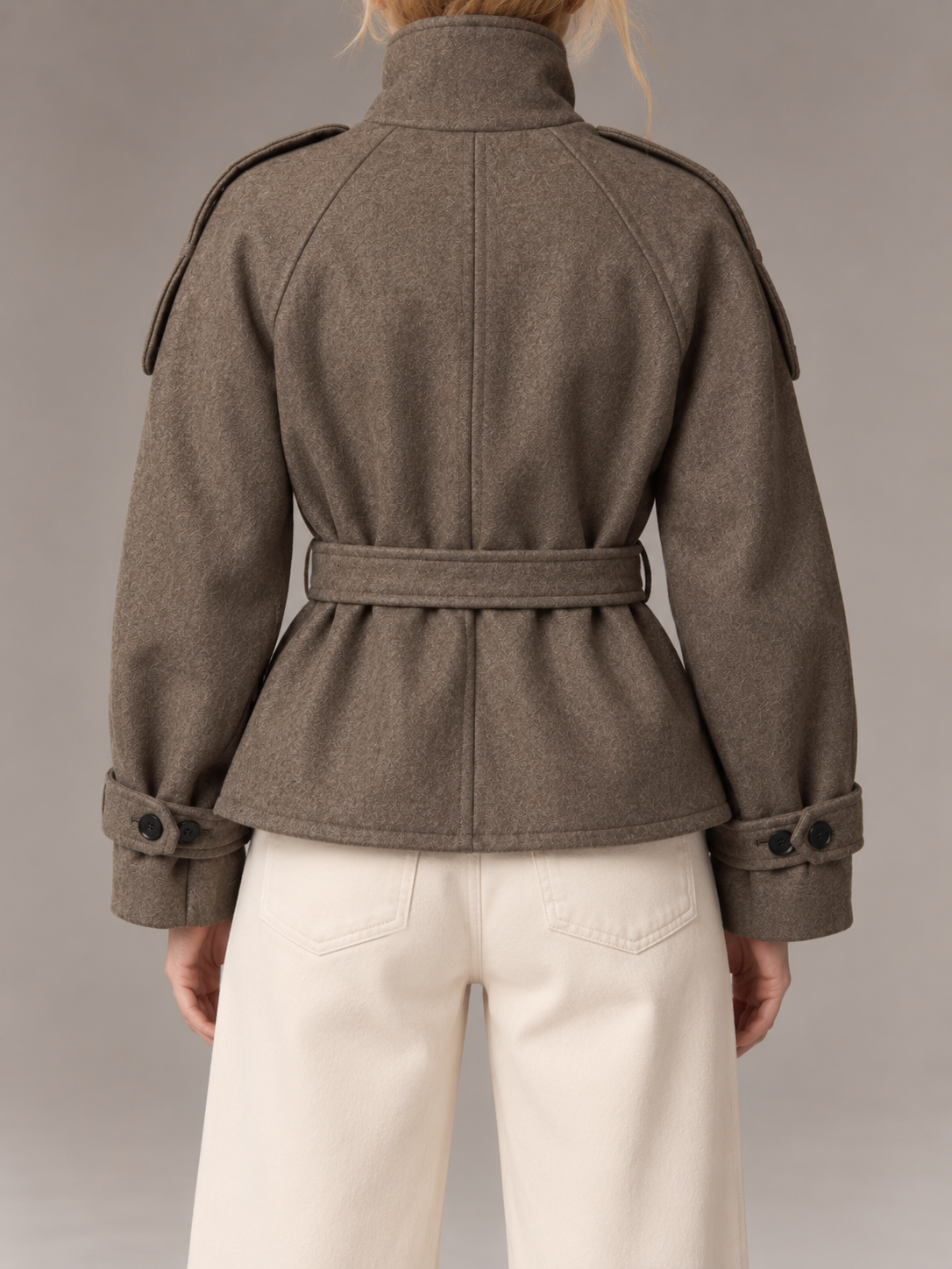 Women's Short Wool Coat | Double Breasted Belted Funnel Neck