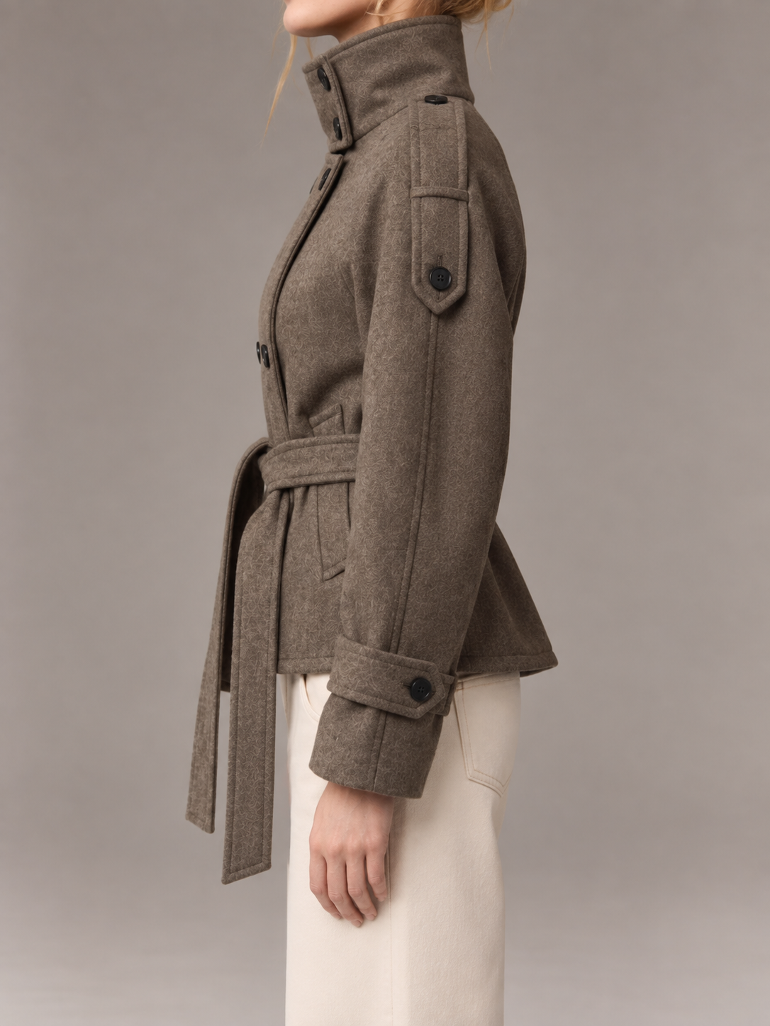 Women's Short Wool Coat | Double Breasted Belted Funnel Neck