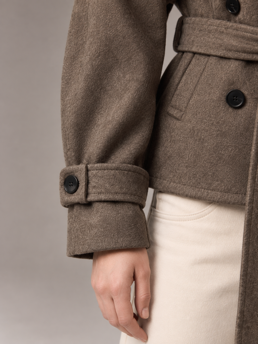 Women's Short Wool Coat | Double Breasted Belted Funnel Neck