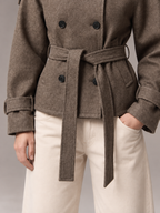 Women's Short Wool Coat | Double Breasted Belted Funnel Neck