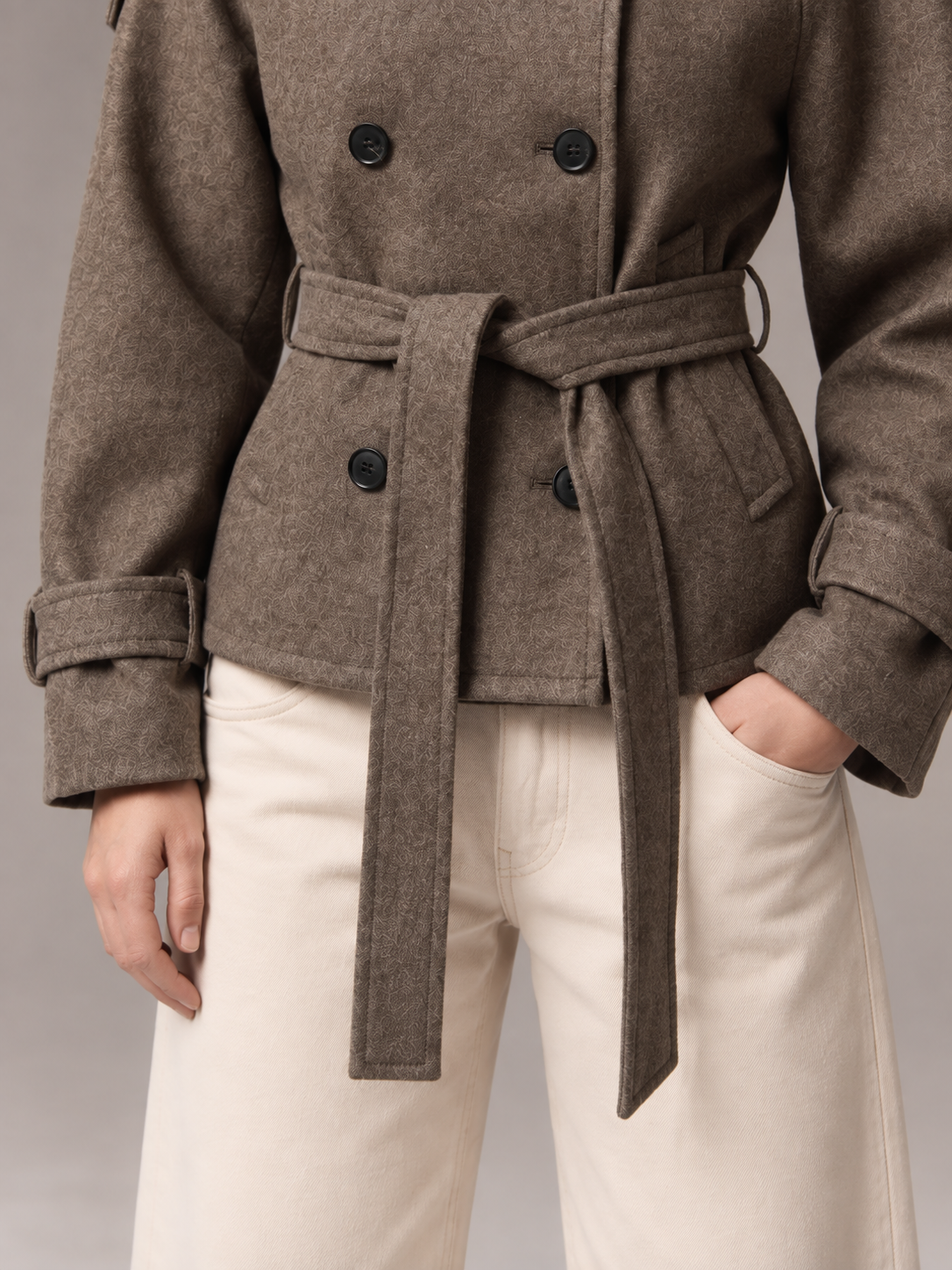 Women's Short Wool Coat | Double Breasted Belted Funnel Neck