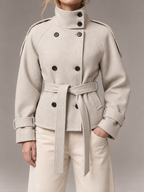 Women's Short Wool Coat | Double Breasted Belted Funnel Neck
