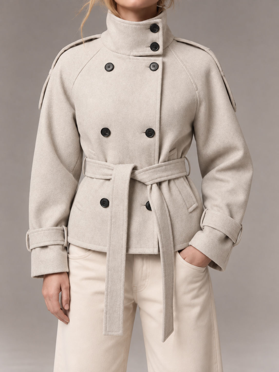 Women's Short Wool Coat | Double Breasted Belted Funnel Neck