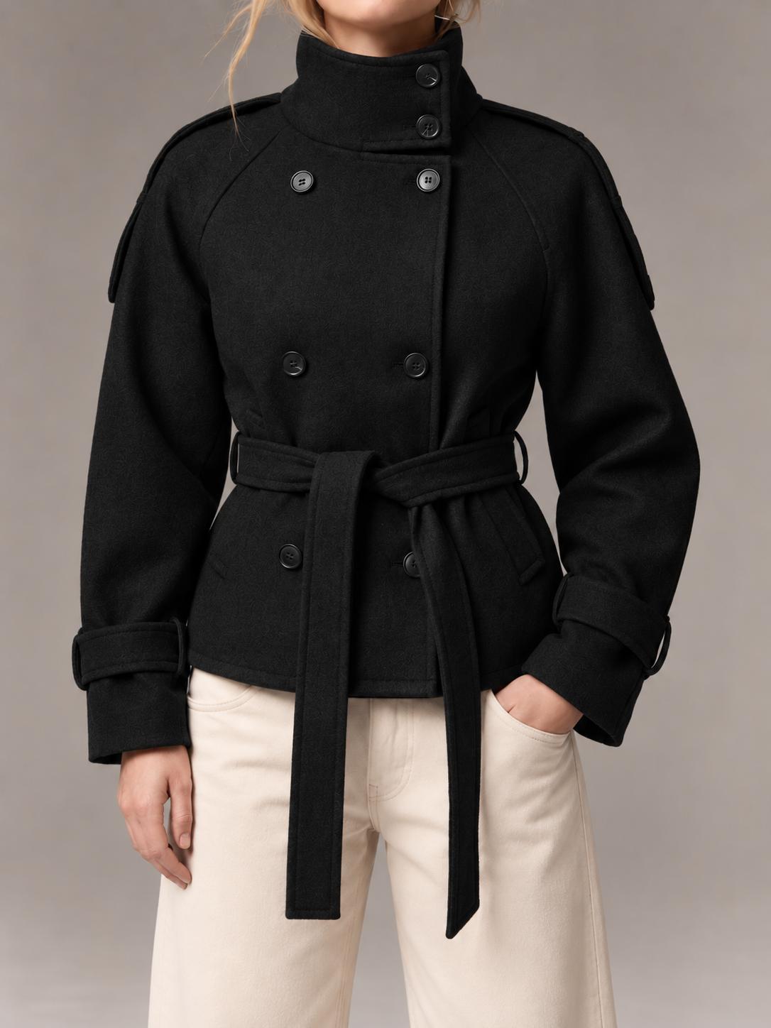 Women's Short Wool Coat | Double Breasted Belted Funnel Neck