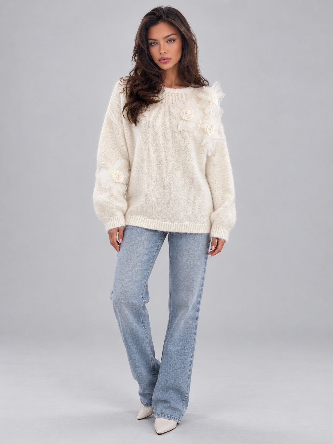 Women's 3D Floral Knit Jumper | Oversized Crew Neck Sweater