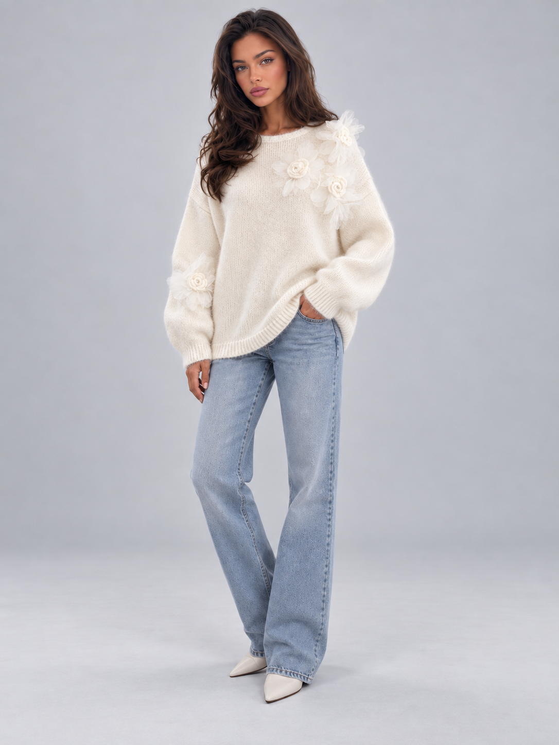 Women's 3D Floral Knit Jumper | Oversized Crew Neck Sweater