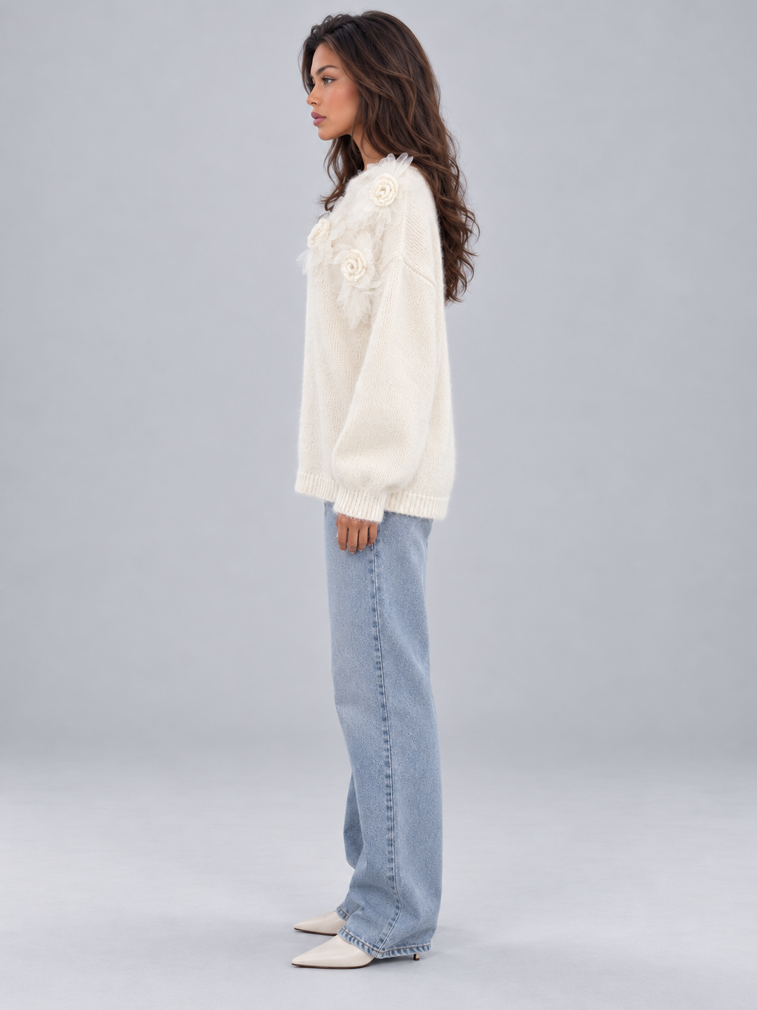 Women's 3D Floral Knit Jumper | Oversized Crew Neck Sweater