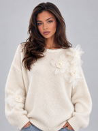 Women's 3D Floral Knit Jumper | Oversized Crew Neck Sweater