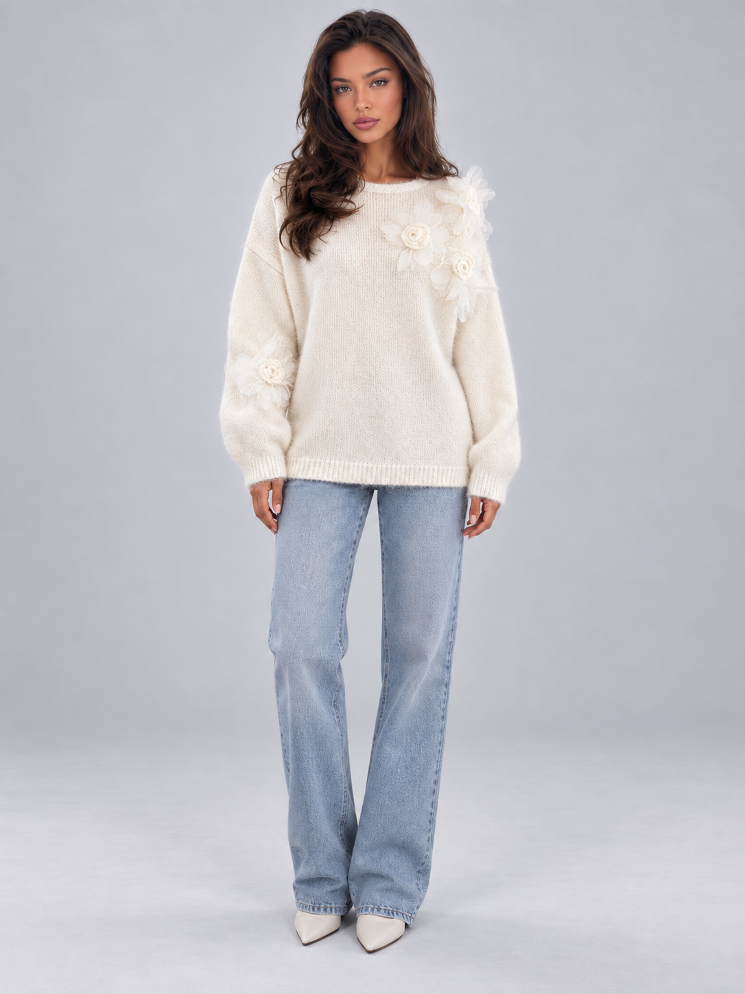 Women's 3D Floral Knit Jumper | Oversized Crew Neck Sweater