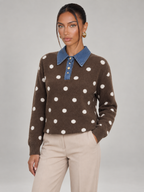 Women's Polka Dot Collared Jumper | Denim Collar Knit Sweater