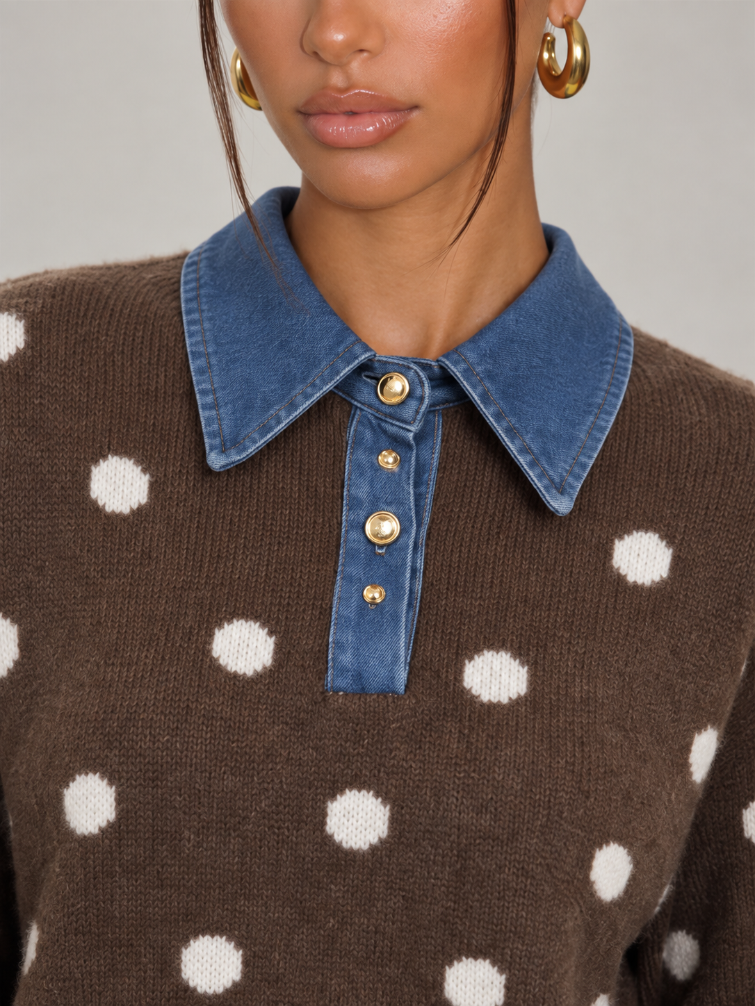 Women's Polka Dot Collared Jumper | Denim Collar Knit Sweater