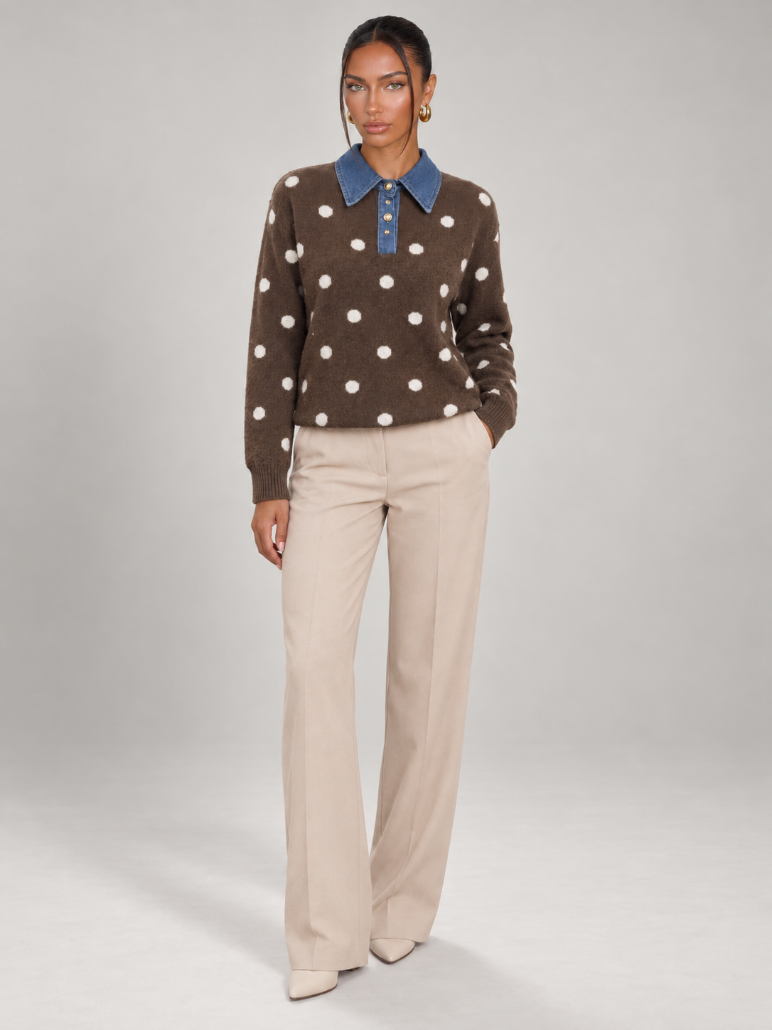 Women's Polka Dot Collared Jumper | Denim Collar Knit Sweater