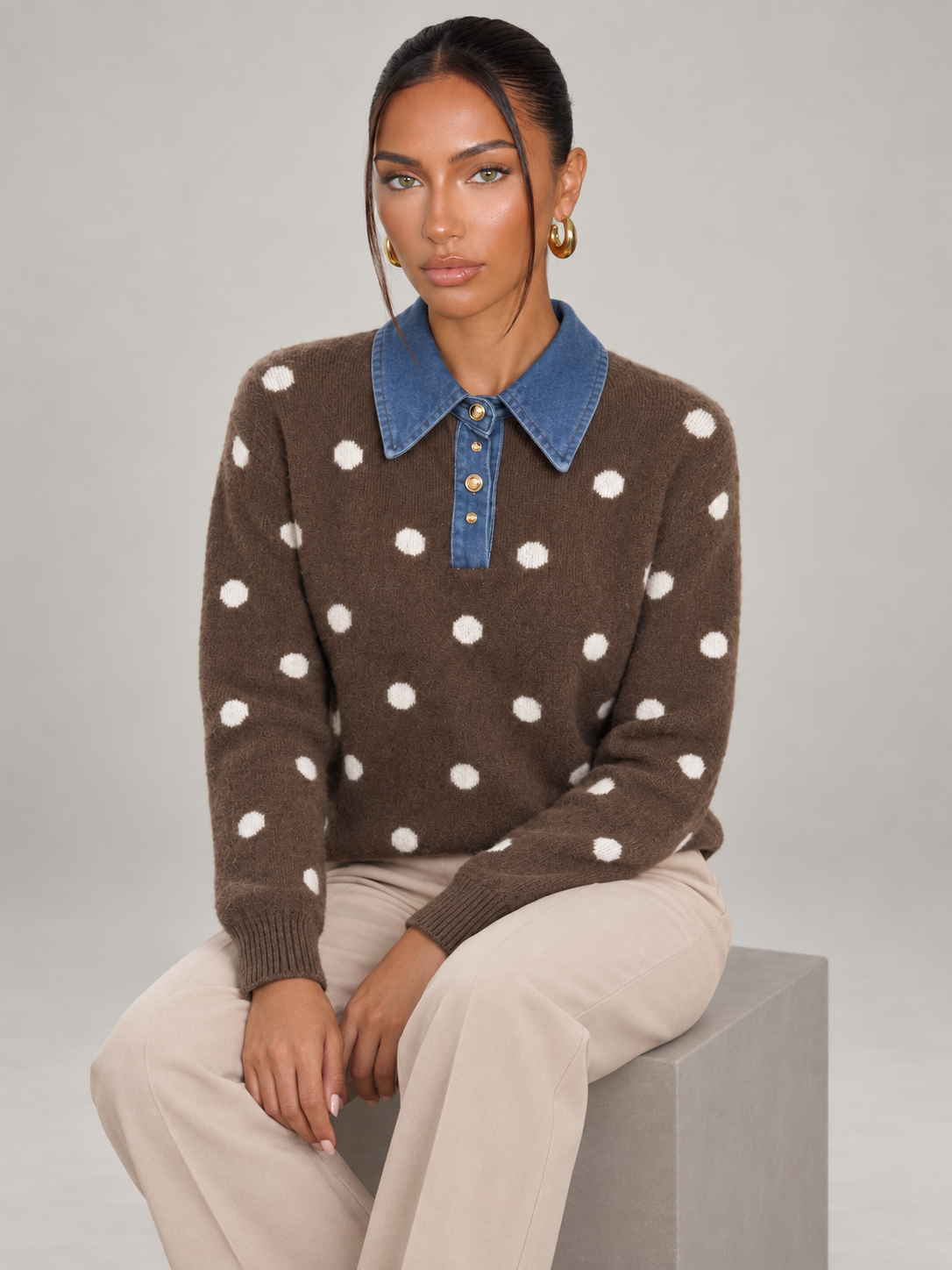 Women's Polka Dot Collared Jumper | Denim Collar Knit Sweater