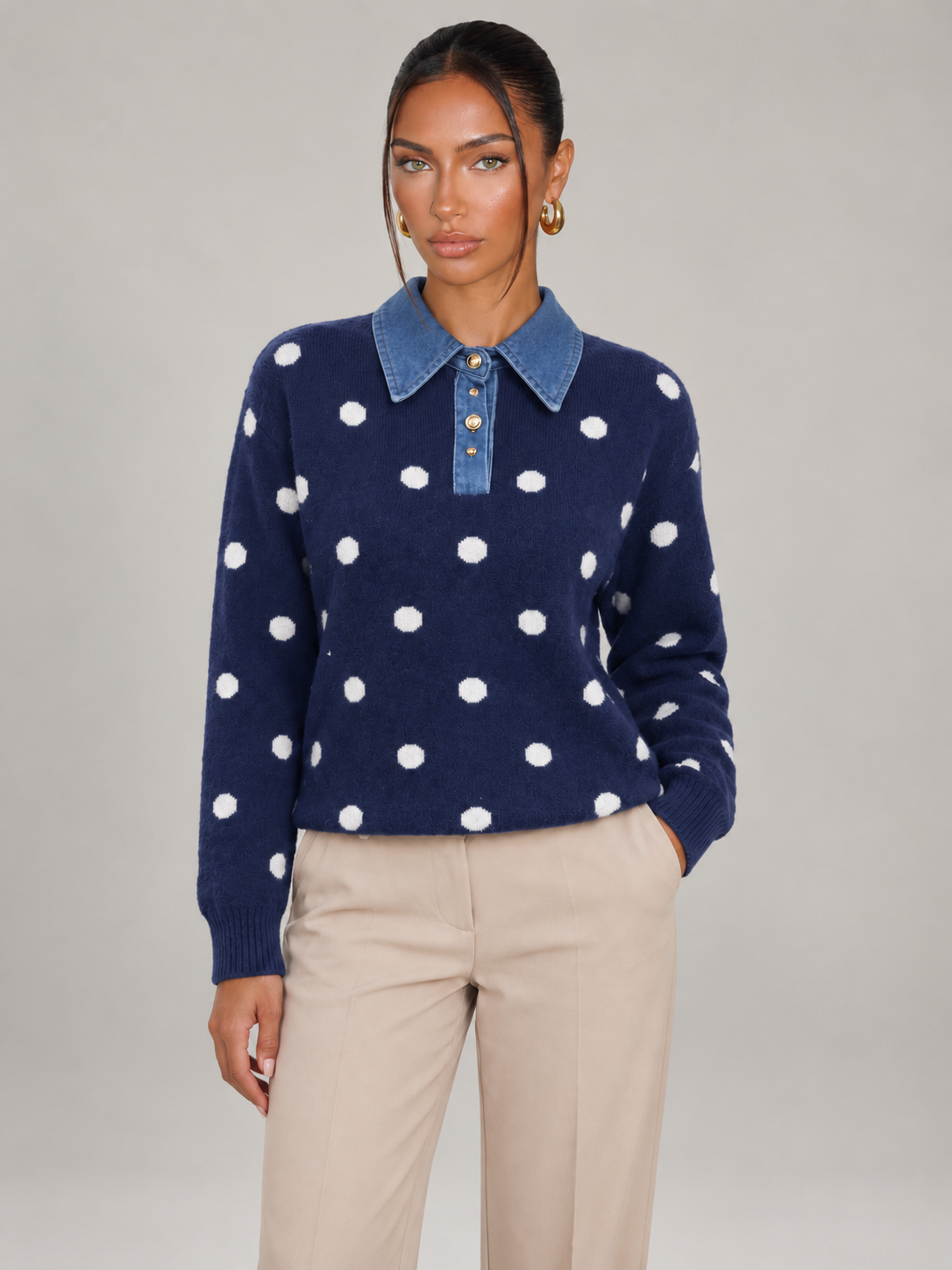 Women's Polka Dot Collared Jumper | Denim Collar Knit Sweater