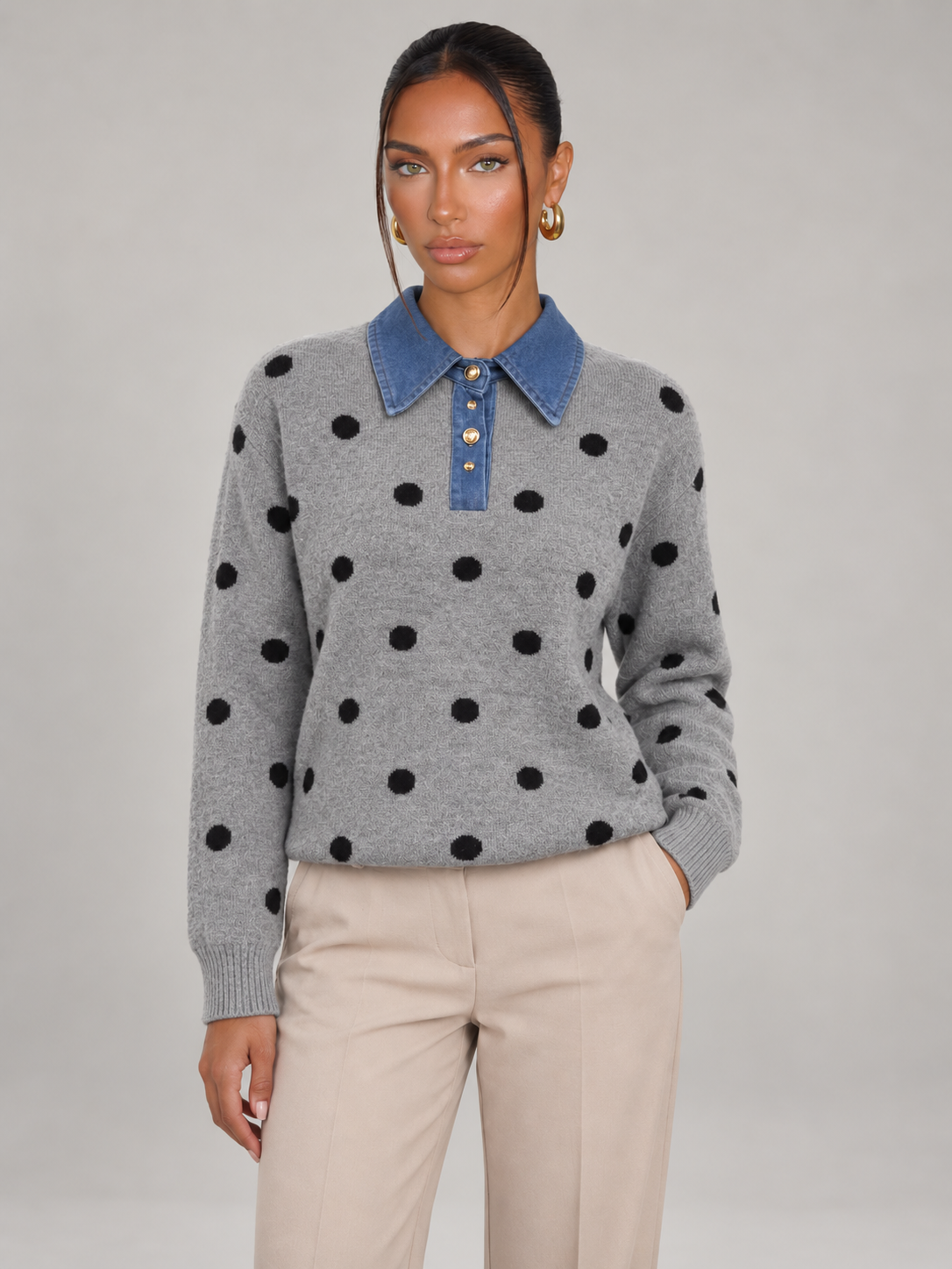 Women's Polka Dot Collared Jumper | Denim Collar Knit Sweater