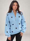 Women's Heart Print Quarter Zip Jumper | Funnel Neck Knit Sweater