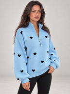 Women's Heart Print Quarter Zip Jumper | Funnel Neck Knit Sweater