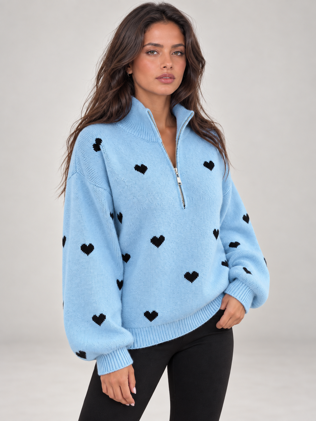 Women's Heart Print Quarter Zip Jumper | Funnel Neck Knit Sweater