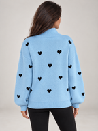 Women's Heart Print Quarter Zip Jumper | Funnel Neck Knit Sweater