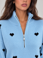 Women's Heart Print Quarter Zip Jumper | Funnel Neck Knit Sweater