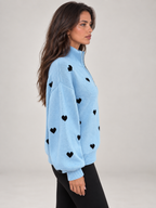Women's Heart Print Quarter Zip Jumper | Funnel Neck Knit Sweater