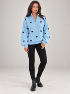 Women's Heart Print Quarter Zip Jumper | Funnel Neck Knit Sweater