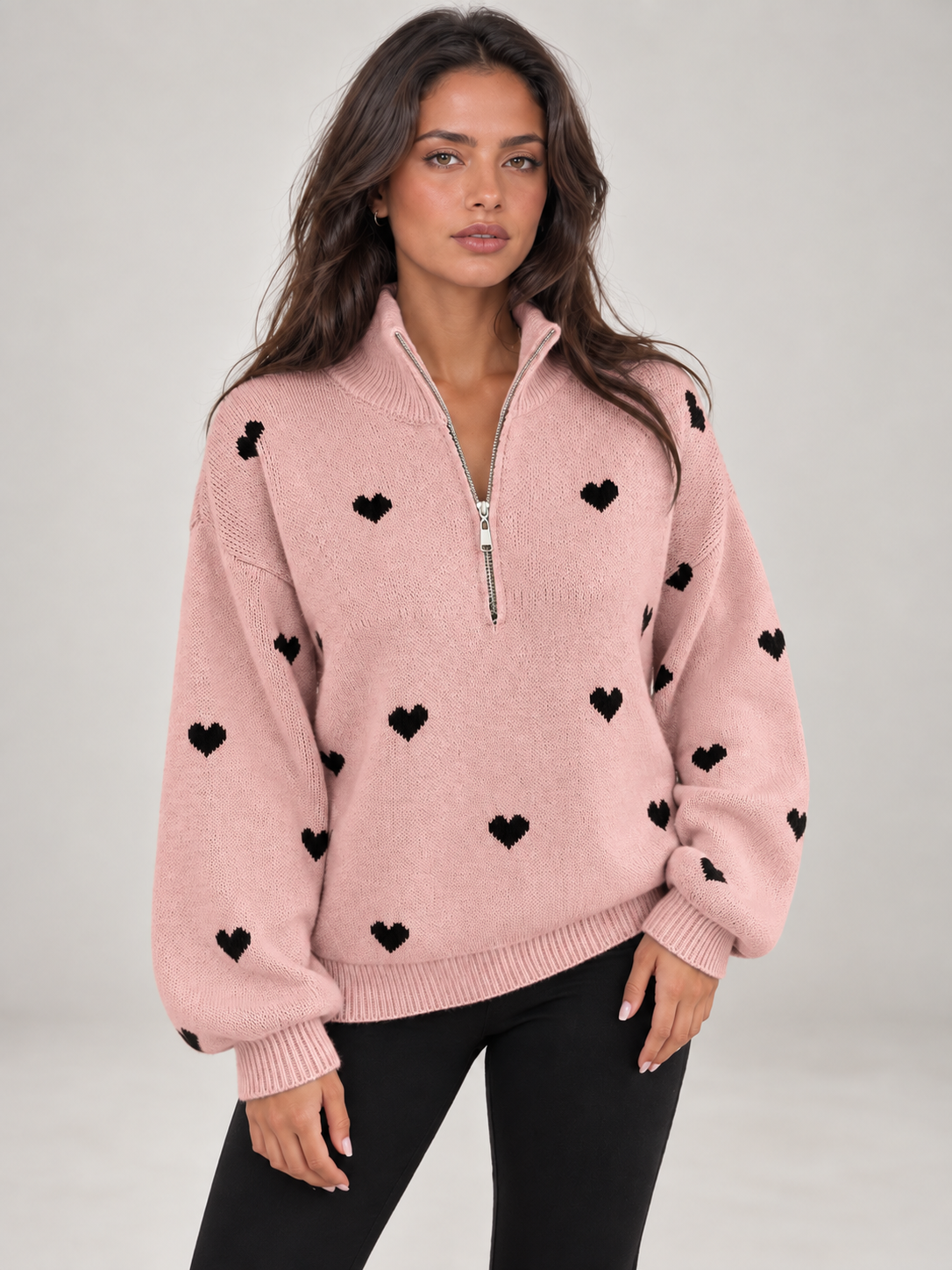 Women's Heart Print Quarter Zip Jumper | Funnel Neck Knit Sweater
