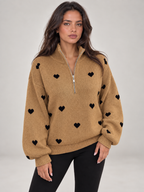 Women's Heart Print Quarter Zip Jumper | Funnel Neck Knit Sweater