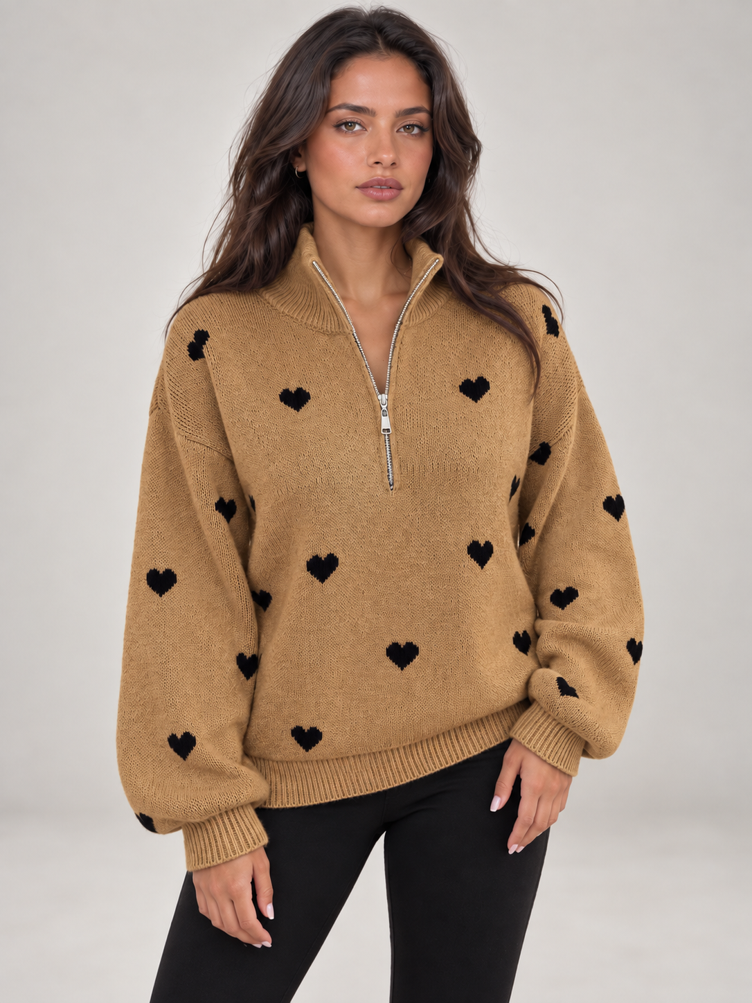 Women's Heart Print Quarter Zip Jumper | Funnel Neck Knit Sweater