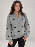 Women's Heart Print Quarter Zip Jumper | Funnel Neck Knit Sweater