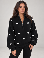 Women's Heart Print Quarter Zip Jumper | Funnel Neck Knit Sweater