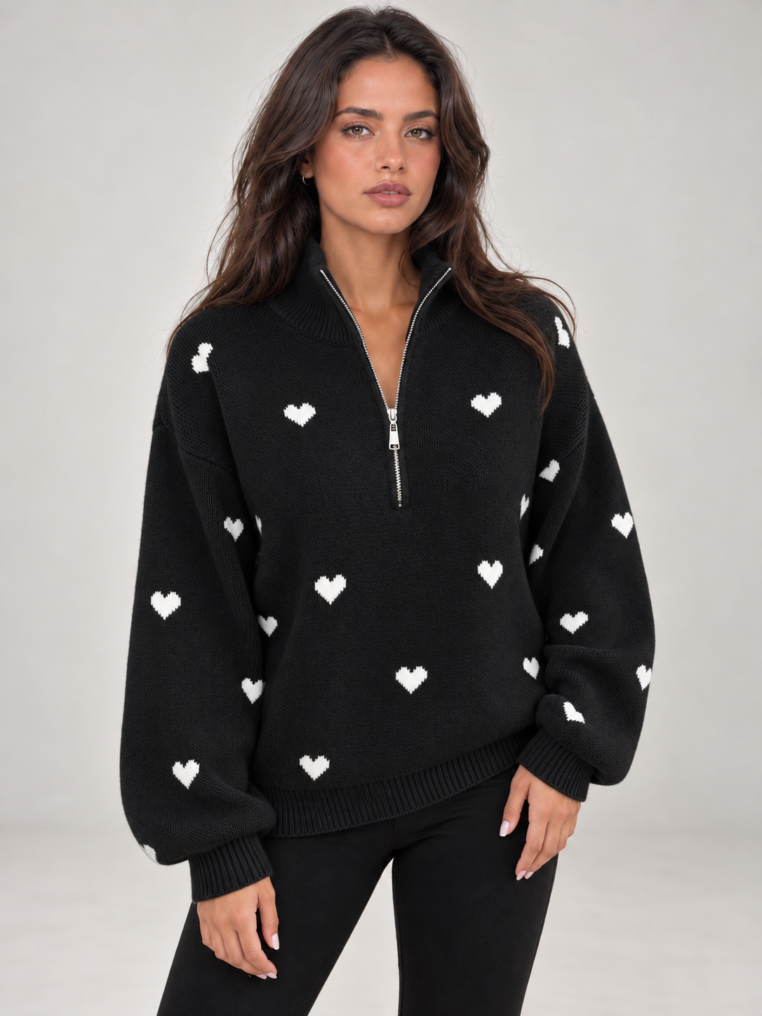 Women's Heart Print Quarter Zip Jumper | Funnel Neck Knit Sweater