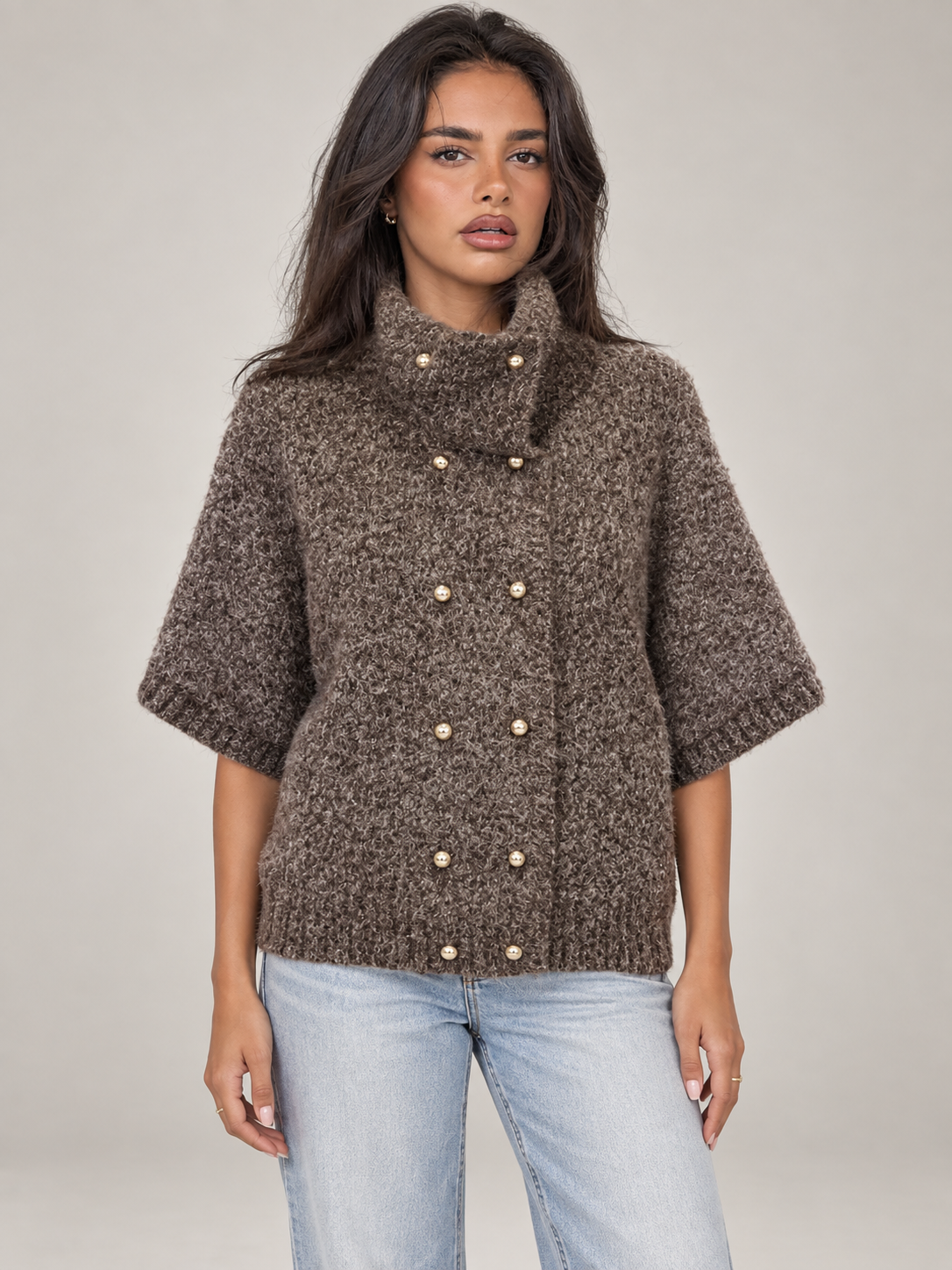 Women's Boucle Turtleneck Jumper | Short Sleeve Double Breasted Knit