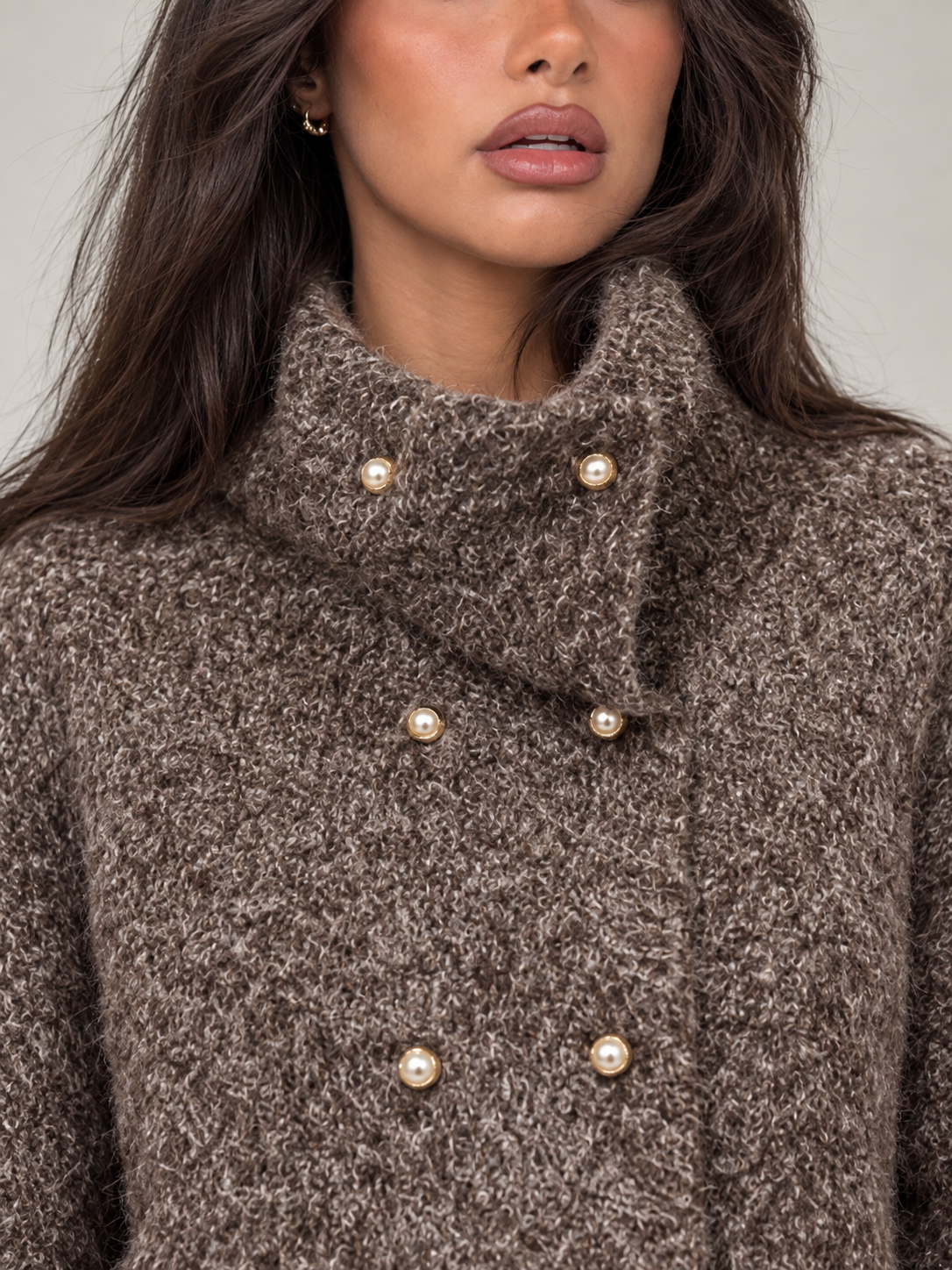 Women's Boucle Turtleneck Jumper | Short Sleeve Double Breasted Knit