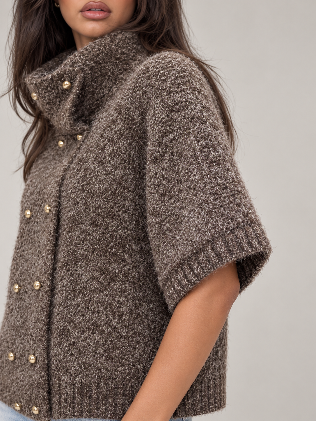 Women's Boucle Turtleneck Jumper | Short Sleeve Double Breasted Knit