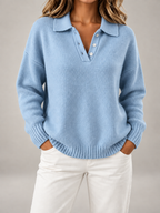Women's Button Polo Jumper | Collared Relaxed Knit Sweater
