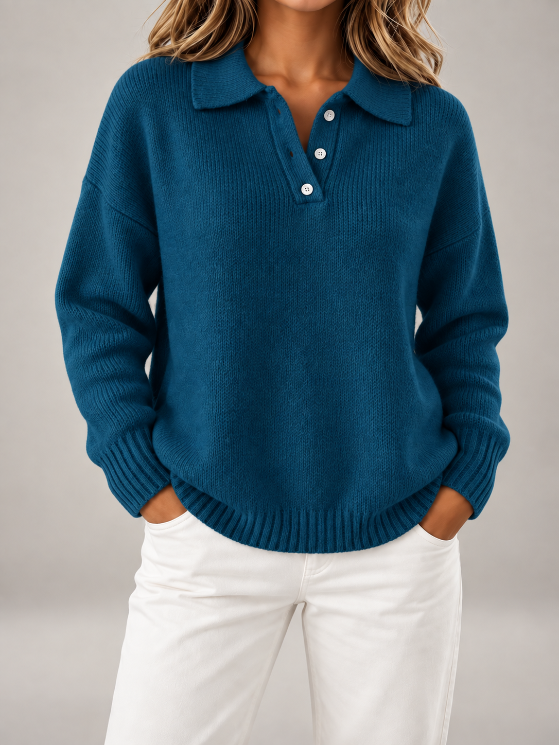 Women's Button Polo Jumper | Collared Relaxed Knit Sweater