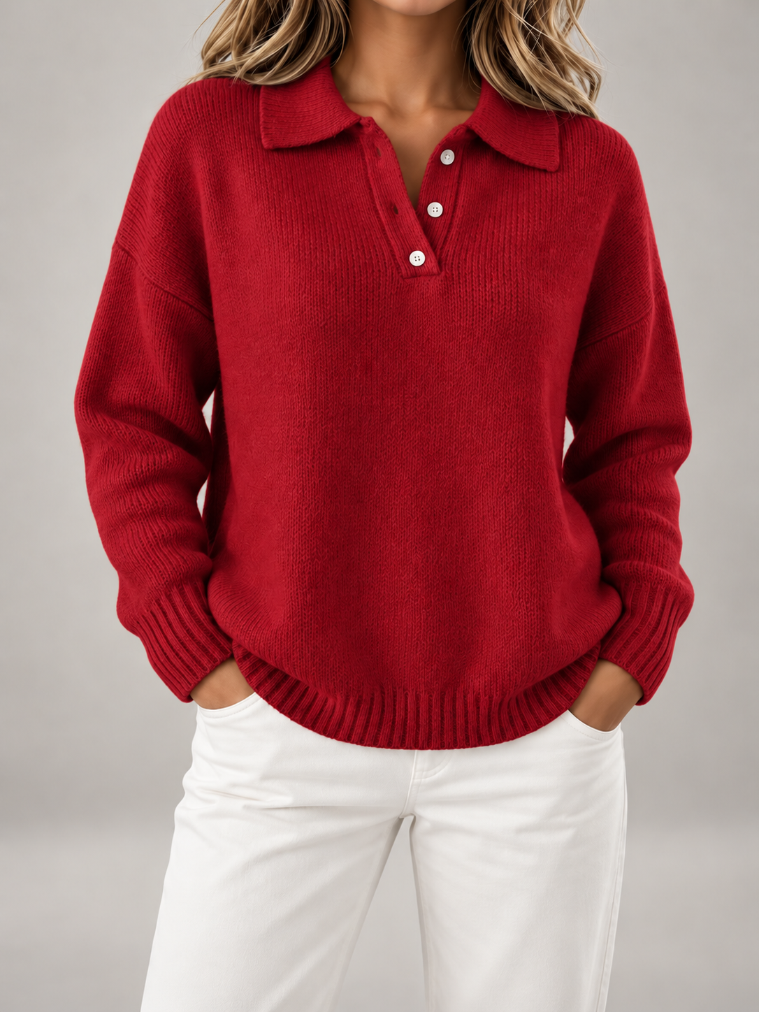 Women's Button Polo Jumper | Collared Relaxed Knit Sweater